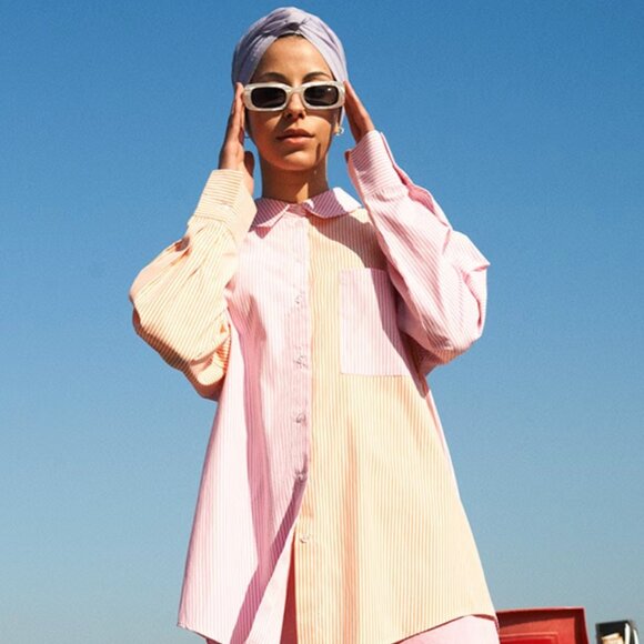 Primark Oversized  Colourblock Pink/Orange Pinstripe Button Up Shirt, Size 8 - Picture 1 of 11